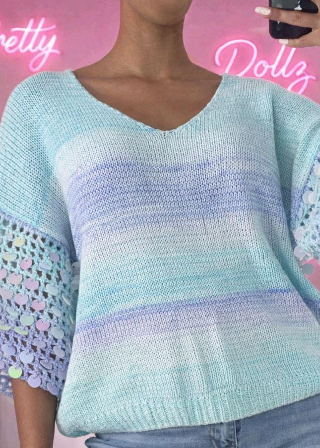 Sabrina ~ V Neck Ombre Jumper With Open Knit Embellished Sleeves