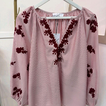 Burgundy Thin Striped Blouse with Burgundy Embroidery