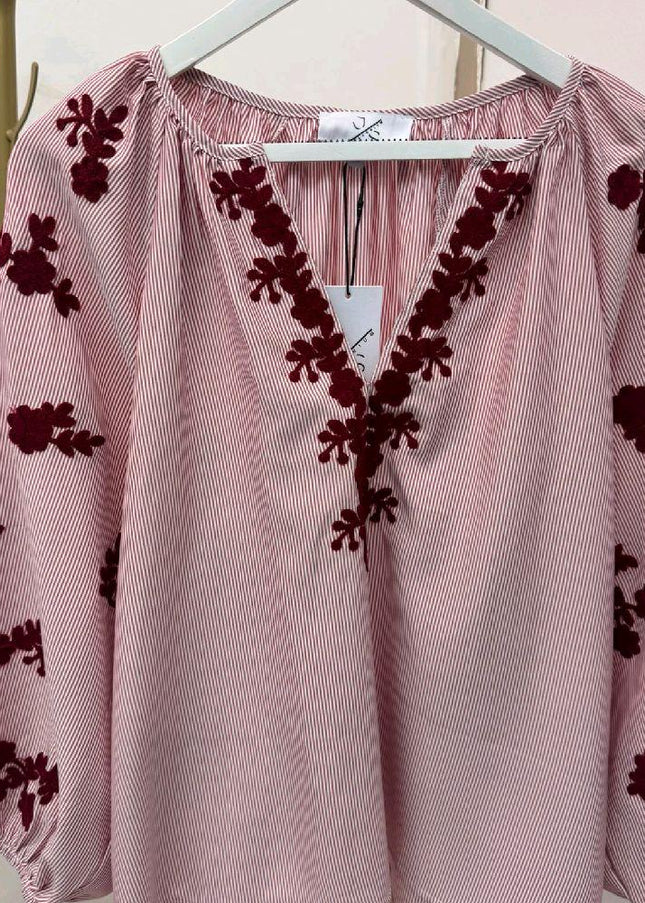 Burgundy Thin Striped Blouse with Burgundy Embroidery
