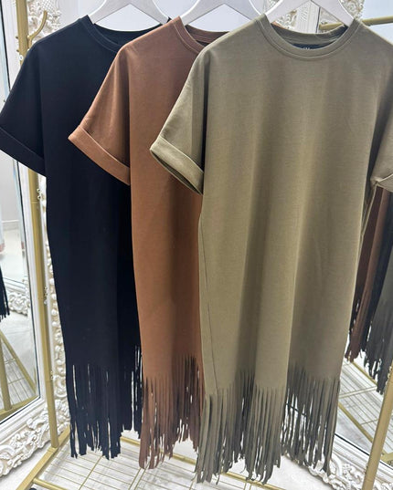 Tess ~ Midi Thick Tee Dress With Long Tassels - 3 Colours