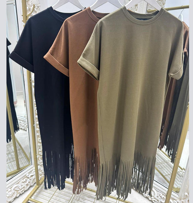 Tess ~ Midi Thick Tee Dress With Long Tassels - 3 Colours