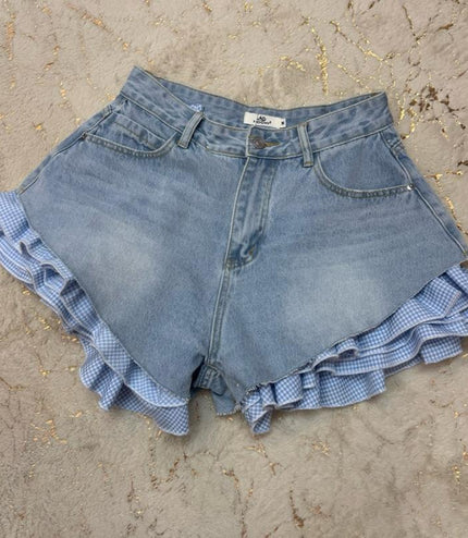 Denim Shorts With Gingham Frill (Frill is removeable)