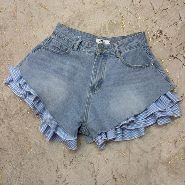 Denim Shorts With Gingham Frill (Frill is removeable)