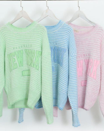 Pastel Striped Embroidered Slogan Knitted Jumper
