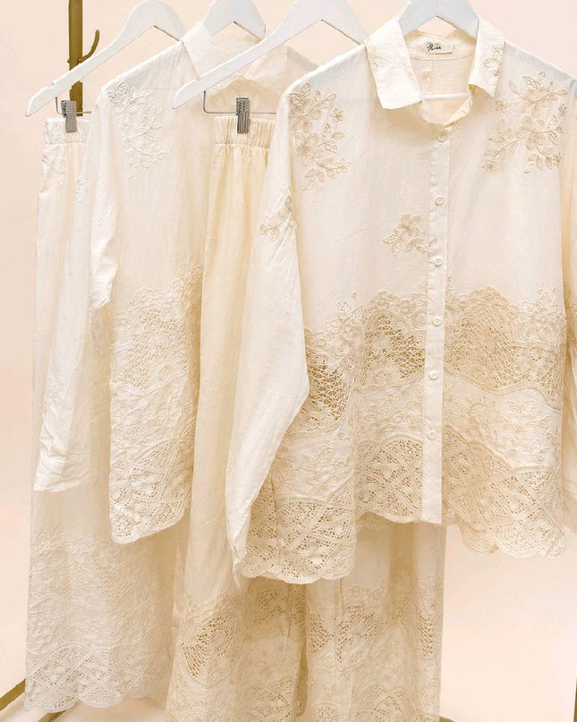 Malina ~ Cream or White Embroidery and Lace Panelled Shirt and Pants