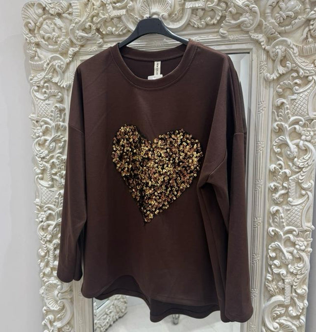 Edie ~ Soft Fabric Sweatshirt With Large Sequin Heart Detail