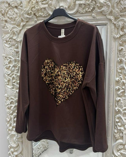 Edie ~ Soft Fabric Sweatshirt With Large Sequin Heart Detail