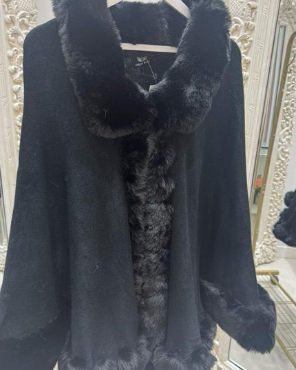 Holly Luxury Faux Fur Collared Cape ~ Black