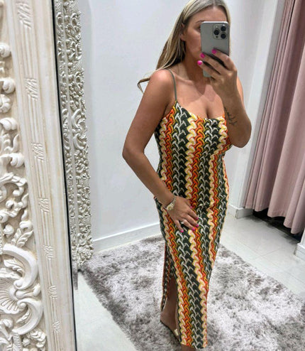 Designer Inspired Zigzag Midi Dress With Side Split