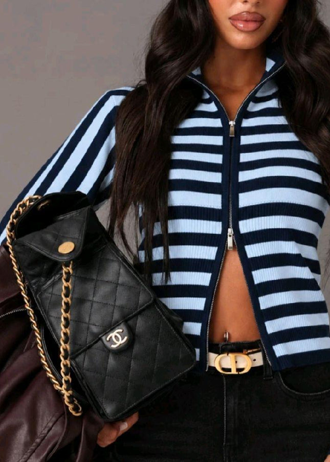 Lucie ~ Fine Knit Striped Full Zip Cardigan