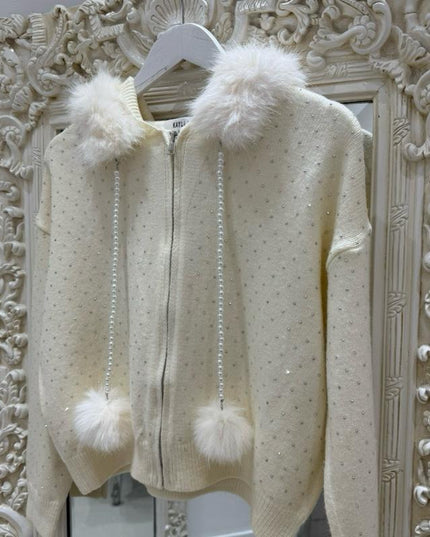Icy ~ Faux Fur Diamante Cardigan Jacket With Hood