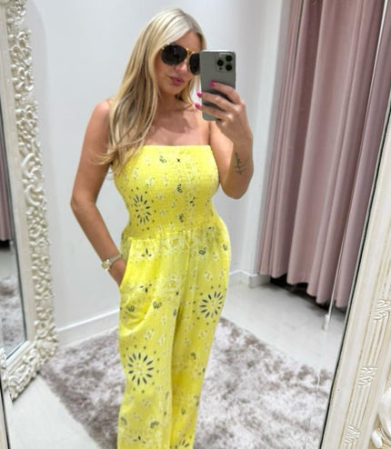 Millie ~ Bandana Print Cheesecloth Bandeau Jumpsuit ~ Lemon