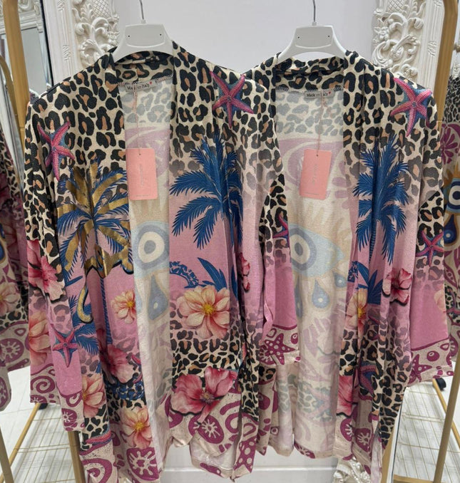 Pink Palm ~ Shimmer Longer Line Light Weight Jacket ~ Open Front