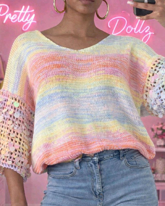 Sabrina ~ V Neck Ombre Jumper With Open Knit Embellished Sleeves