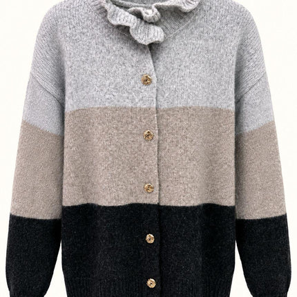 Soft Knit Frill Neck Cardigan With Contrasting Panels