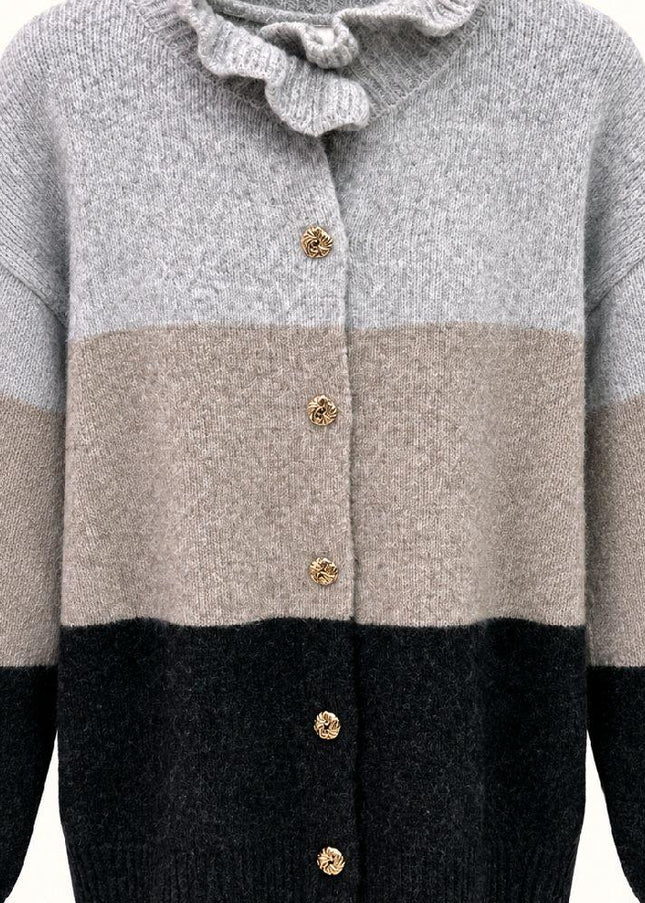 Soft Knit Frill Neck Cardigan With Contrasting Panels