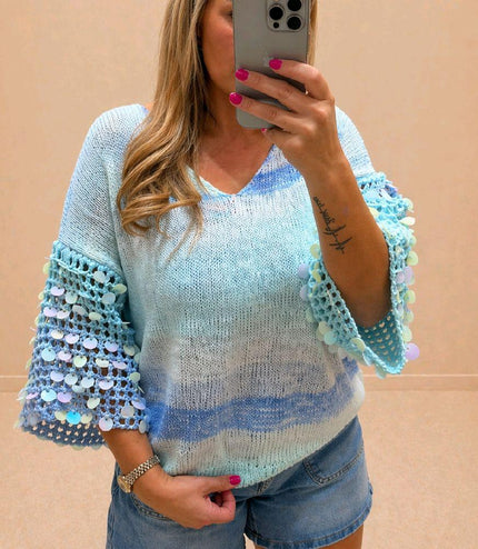Sabrina ~ V Neck Ombre Jumper With Open Knit Embellished Sleeves