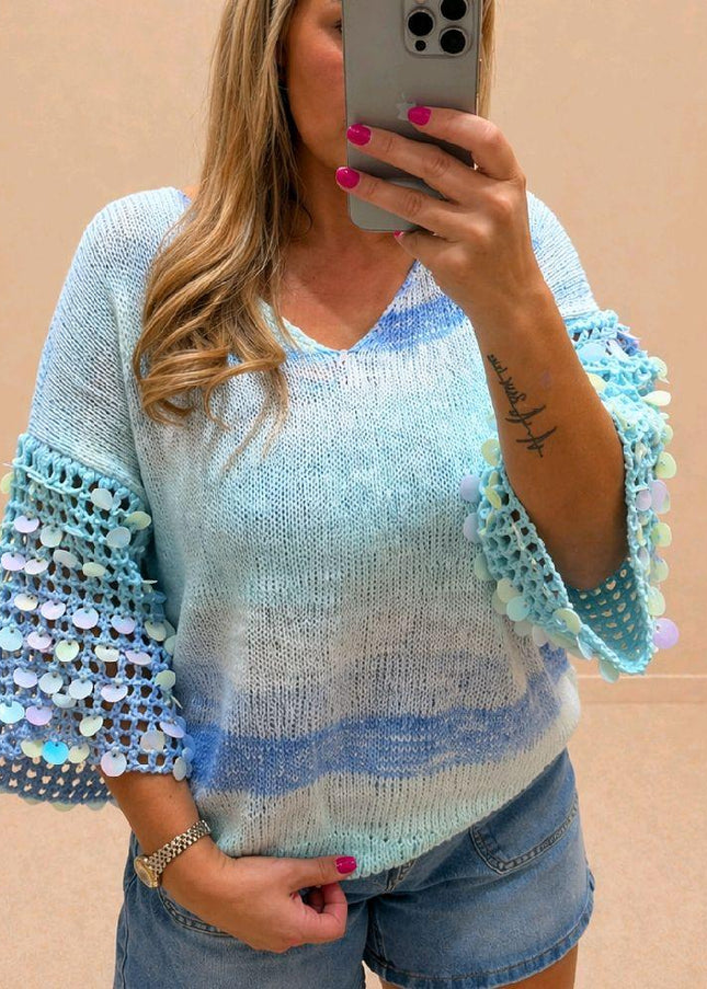 Sabrina ~ V Neck Ombre Jumper With Open Knit Embellished Sleeves