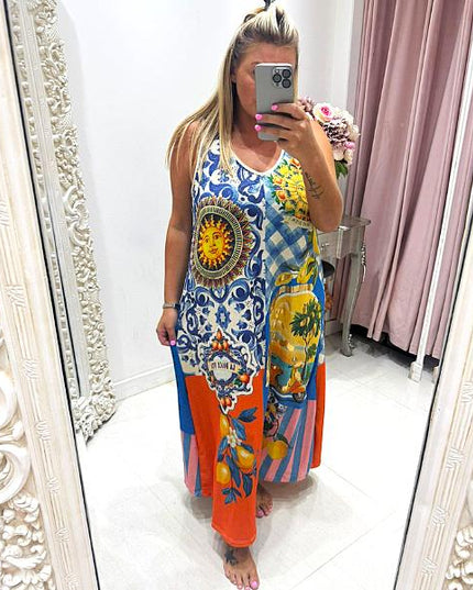 Amara ~ Sleeveless Shimmer Vibrant Print Maxi Dress/Cover Up