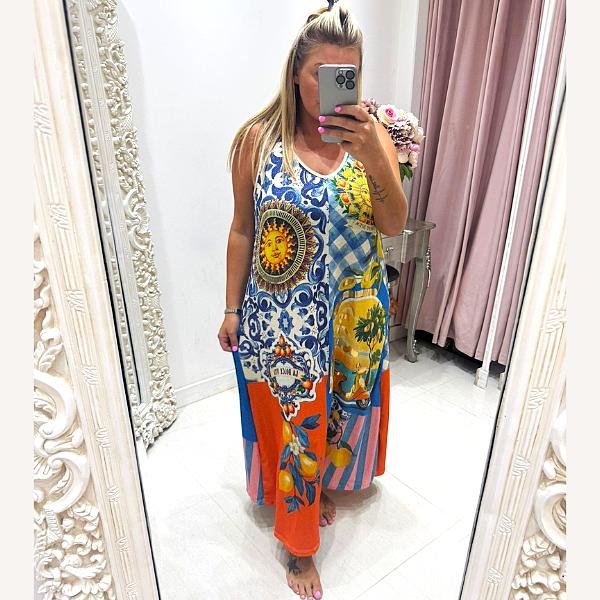 Amara ~ Sleeveless Shimmer Vibrant Print Maxi Dress/Cover Up