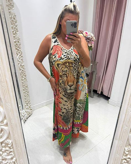 Amara ~ Sleeveless Shimmer Vibrant Print Maxi Dress/Cover Up