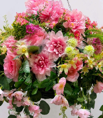 Romantic Pink Deluxe Extra Large Rattan Hanging Basket ~ Artificial