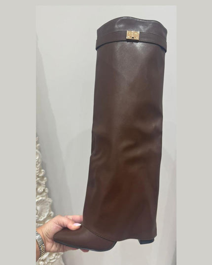 Nikita ~ PU Leather Lock Detail  Knee High Boots ~ Brown