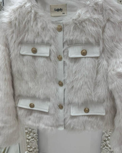 Lucinda ~ Luxury Faux Fur Trophy Jacket With Gold Buttons