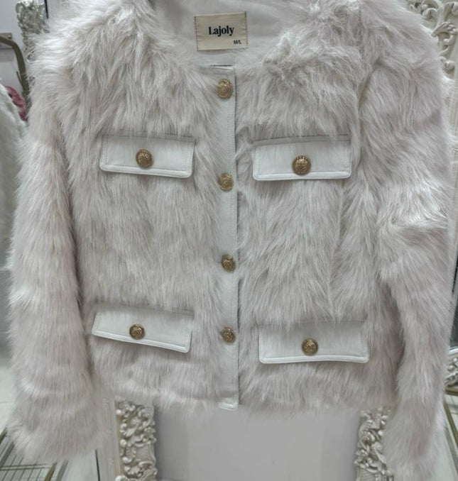 Lucinda ~ Luxury Faux Fur Trophy Jacket With Gold Buttons