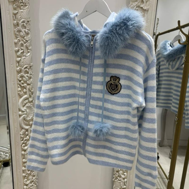 Ellie ~ Powder Blue Striped Hooded Jacket