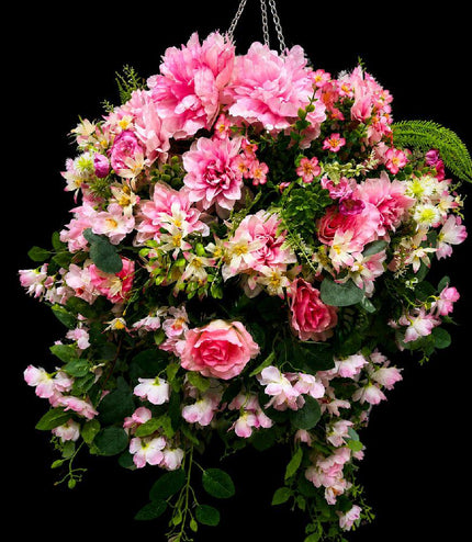 Romantic Pink Deluxe Extra Large Rattan Hanging Basket ~ Artificial