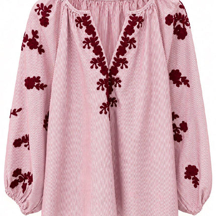Burgundy Thin Striped Blouse with Burgundy Embroidery