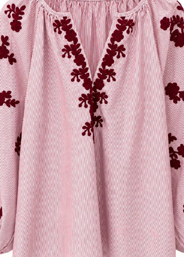 Burgundy Thin Striped Blouse with Burgundy Embroidery