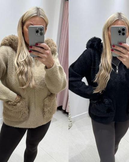 Mishca ~ Black or Beige Thick Fur Knit Zip Up Hooded Cardigan/Jacket