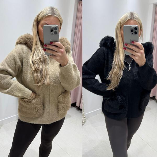 Mishca ~ Black or Beige Thick Fur Knit Zip Up Hooded Cardigan/Jacket