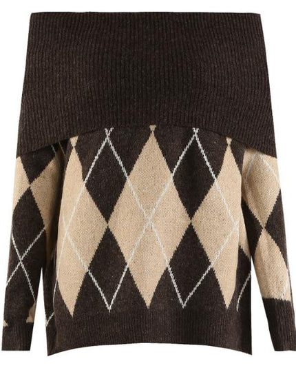 Lena ~ Bardot Off Shoulder Argyle Long Sleeve Jumper