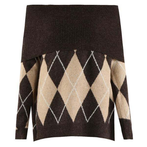 Lena ~ Bardot Off Shoulder Argyle Long Sleeve Jumper