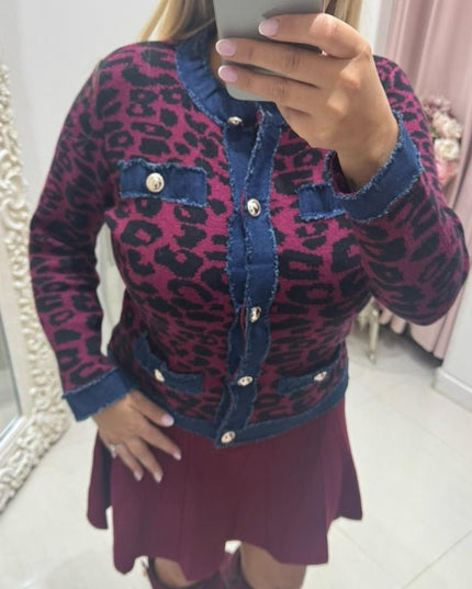 Animal Print Cardigan With Denim Trim Detail