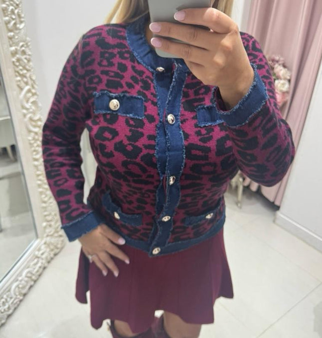 Animal Print Cardigan With Denim Trim Detail
