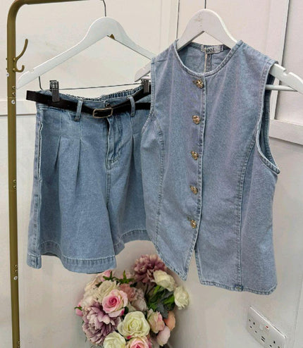 Teegan ~ Denim Blue Waistcoat & Tailored Belted Matching Denim Shorts