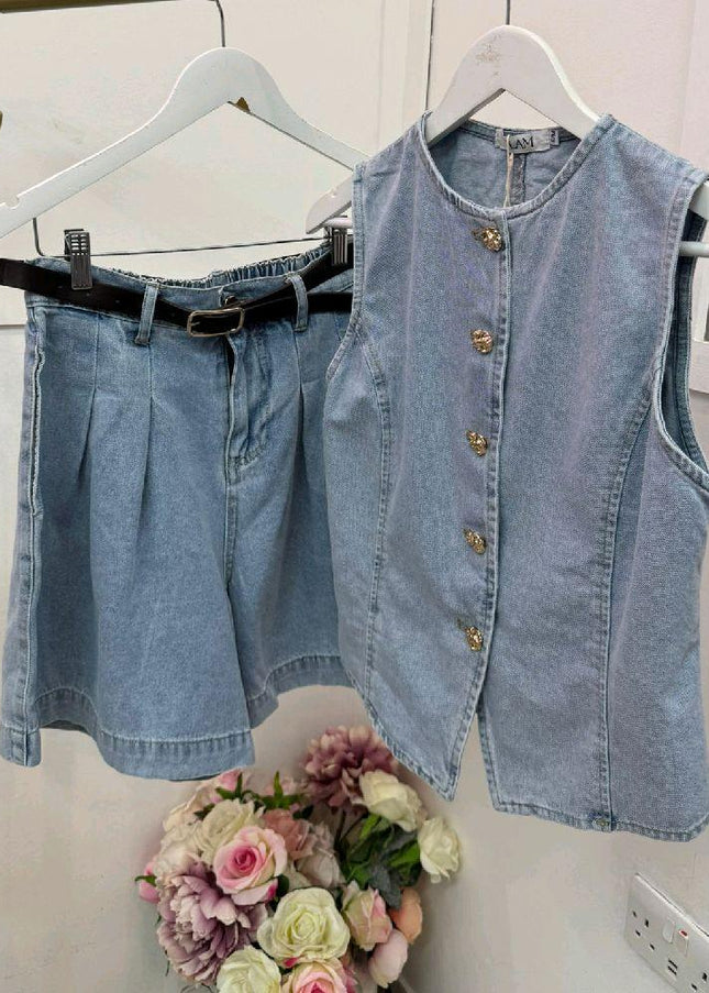 Teegan ~ Denim Blue Waistcoat & Tailored Belted Matching Denim Shorts