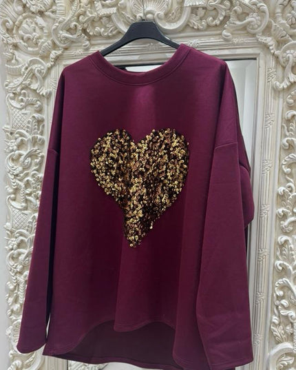 Edie ~ Soft Fabric Sweatshirt With Large Sequin Heart Detail