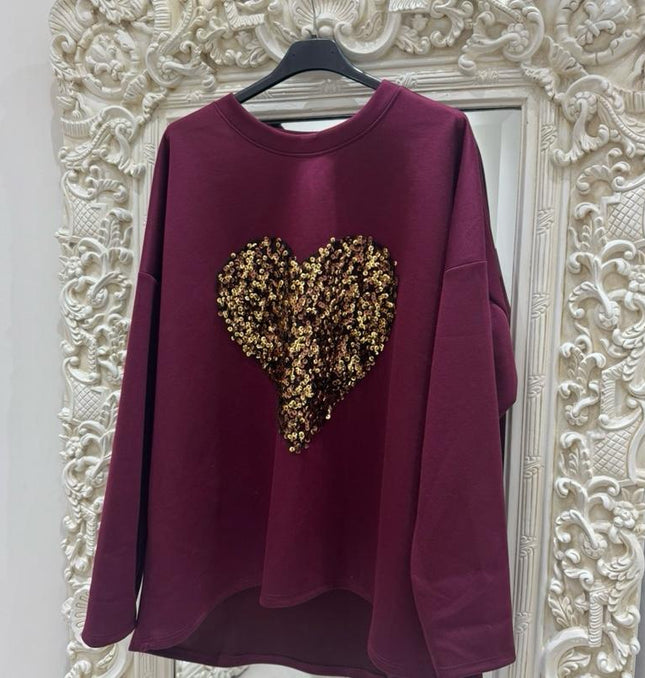 Edie ~ Soft Fabric Sweatshirt With Large Sequin Heart Detail