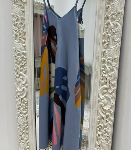 Palm Leaf ~ Strappy Silky Maxi Dress