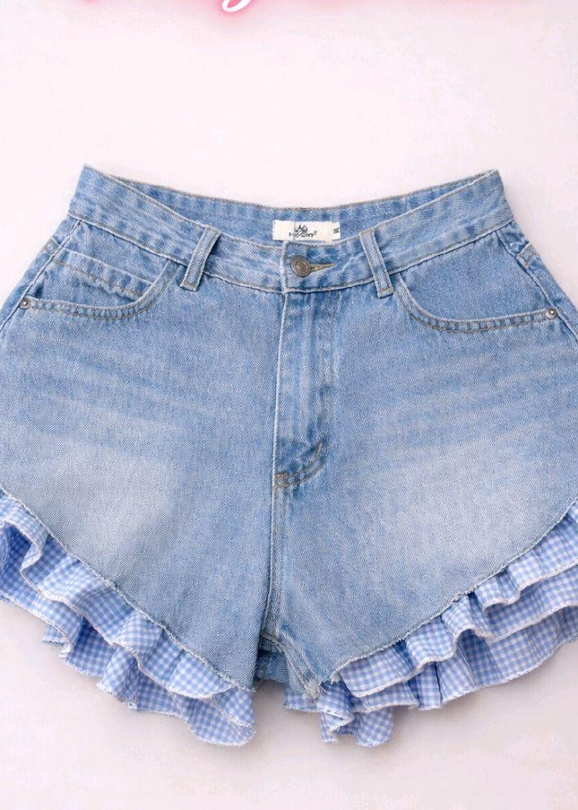 Denim Shorts With Gingham Frill (Frill is removeable)