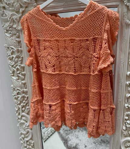 Kacie  ~ Crochet Lace Ruffle Top/Tunic ~ Coral