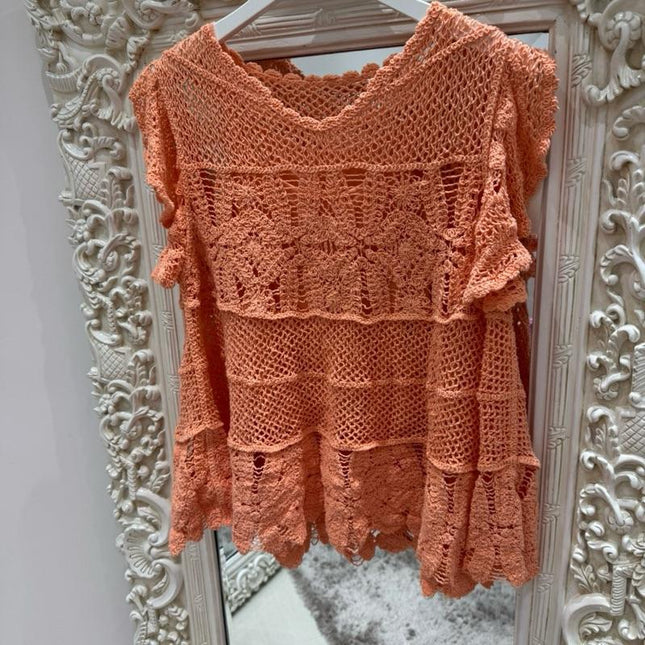Kacie  ~ Crochet Lace Ruffle Top/Tunic ~ Coral