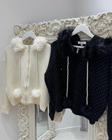 Icy ~ Faux Fur Diamante Cardigan Jacket With Hood