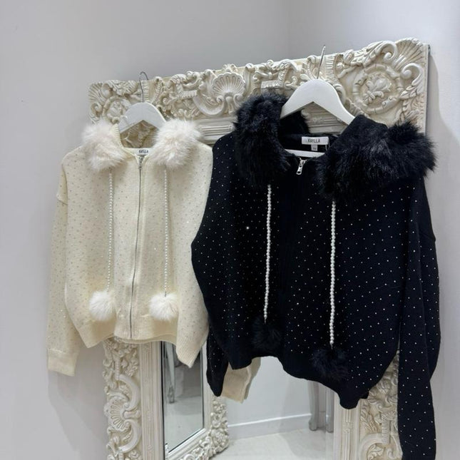 Icy ~ Faux Fur Diamante Cardigan Jacket With Hood
