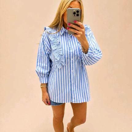 Blue Or Pink White Striped Shirt With Ruffle Trim
